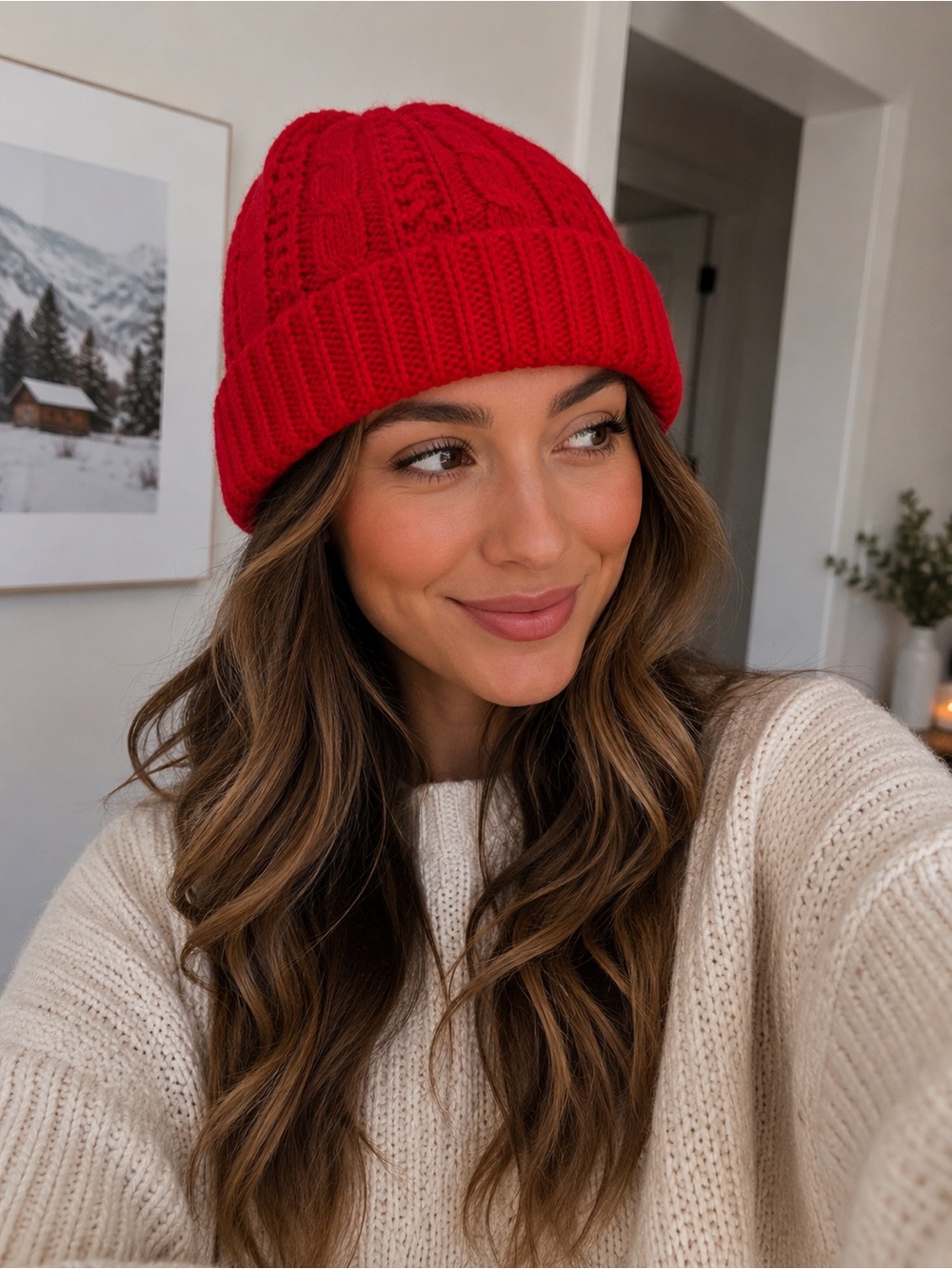 Vintage Red Cable Knit Beanie Hat One Size Acrylic Winter Ski Cap